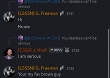 a screenshot of a conversation between lsssn g. freeman and brown
