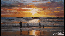 a painting of people standing on a beach with the words made in animotica below it
