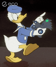 a cartoon of donald duck holding a fan of money and pointing