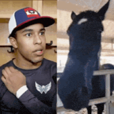 a man wearing a baseball cap and a shirt with the letter w on it