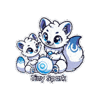 a sticker of two white foxes with the words tiny spark below them