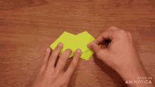 a person is holding a piece of green paper and the words made in animatica are visible