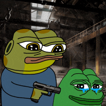 a cartoon of a frog holding a gun next to another frog who is crying