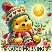 a picture of winnie the pooh wearing a hat and scarf with the words good morning on it