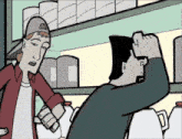 a cartoon of two men talking in front of a shelf