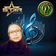 a woman wearing glasses and a hijab is standing in front of a treble clef .