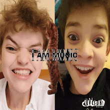 two pictures of a boy and a cat with the words i am music