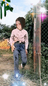 a girl in a ruffled shirt is standing in the grass