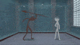 two stick figures are standing in a room with a window