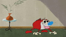 a cartoon character with a blue nose is standing in front of a small table