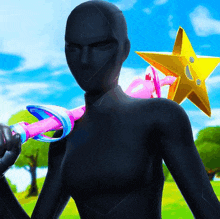 a person in a black suit is holding a pink sword and a yellow star .