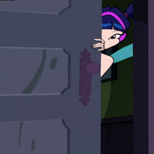 a cartoon character with purple hair and blue wings is peeking out of a door