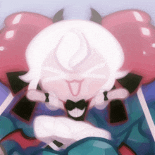 a cartoon character with white hair and horns is wearing a tuxedo