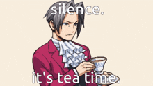 a cartoon of a man holding a cup of tea with the words " silence it 's tea time "