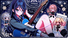 a cartoon of a girl holding a guitar with the word leo / need written on it