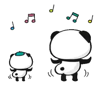 two panda bears are dancing with music notes flying in the background