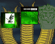 a cartoon of a monster hunter poster with the words need more green on it