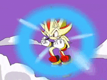 shadow the hedgehog is flying through the air with a blue circle around him