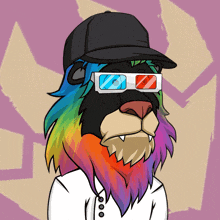 a cartoon lion wearing 3d glasses and a baseball cap