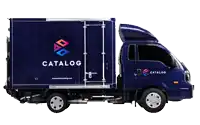 a blue catalog truck is shown from the side