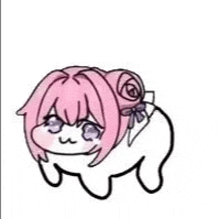 a drawing of a girl with pink hair and purple eyes