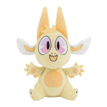 a yellow stuffed animal with pink eyes and ears is sitting on a white background