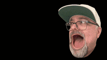 a man wearing glasses and a hat looks at a hamburger with his mouth open
