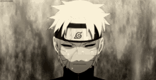 a black and white drawing of naruto wearing a headband with a leaf sign on it .