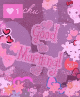 a purple background with hello kitty hearts and flowers and the words good morning