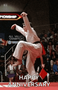 a man in a karate uniform is jumping in the air with the words happy anniversary written below him