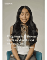 a woman is sitting in a chair with the words " what song feels like you might accidentally text your ex at 2am " on the top