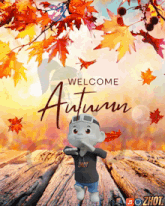 a poster that says welcome autumn with a cartoon character in the foreground