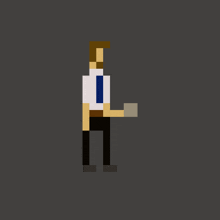 a pixel art of a man in a suit and tie holding a glass