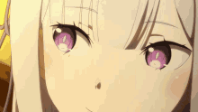 a girl with white hair and purple eyes looks at the camera