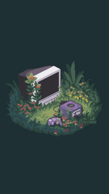 a pixel art illustration of a television and a game controller