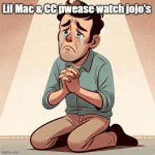 a cartoon of a man kneeling down with his hands folded .