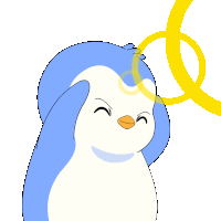 a blue and white penguin with a yellow ring on its head