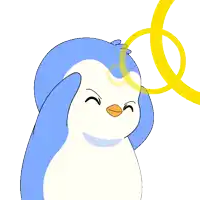 a blue and white penguin with a yellow ring on its head