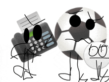 a drawing of a phone and a soccer ball with faces