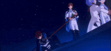 a group of anime characters standing on a roof with a blue sky in the background