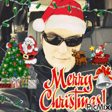 a man wearing a santa hat and sunglasses is surrounded by christmas decorations and says merry christmas