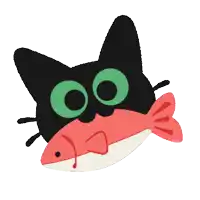 a cat with green eyes is eating a red fish