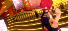 a person with red hair is holding a sword in front of a stage