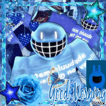 a picture of a blue cartoon character with the words good morning on it