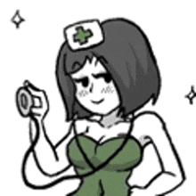 a nurse is holding a stethoscope in her hand and wearing a green dress .