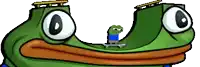 a cartoon frog is riding a skateboard through a hole in its head .