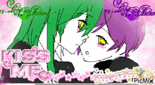 a drawing of a girl with green hair and purple hair says kiss me