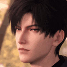 a close up of a boy 's face with a serious look on his face