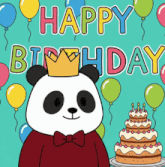 a panda bear wearing a crown and a bow tie stands in front of a birthday cake