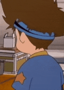 a close up of a cartoon character wearing a blue headband and glasses .